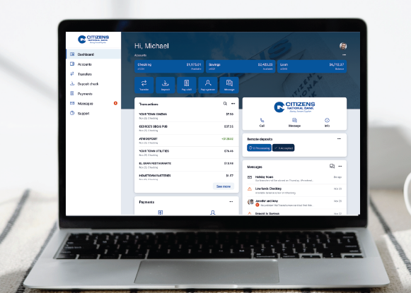 citizens national bank online banking on a laptop screen